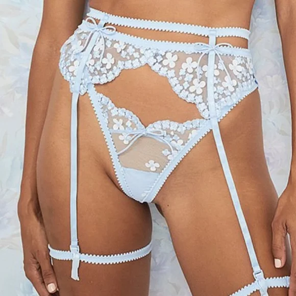For Love and Lemons 3pc SET Blue Daisy Embroidered Bra, Thong & Garter